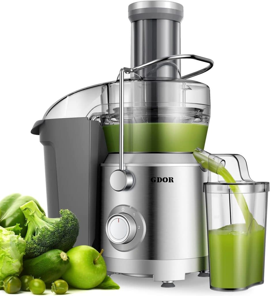 1300W GDOR Juicer Machines with Larger 3.2” Feed Chute, Titanium Enhanced Cut Disc Centrifugal Juice Extractor, Full Copper Motor Heavy Duty, for Whole Fruits, Veggies, Dual Speeds, BPA-Free, Silver