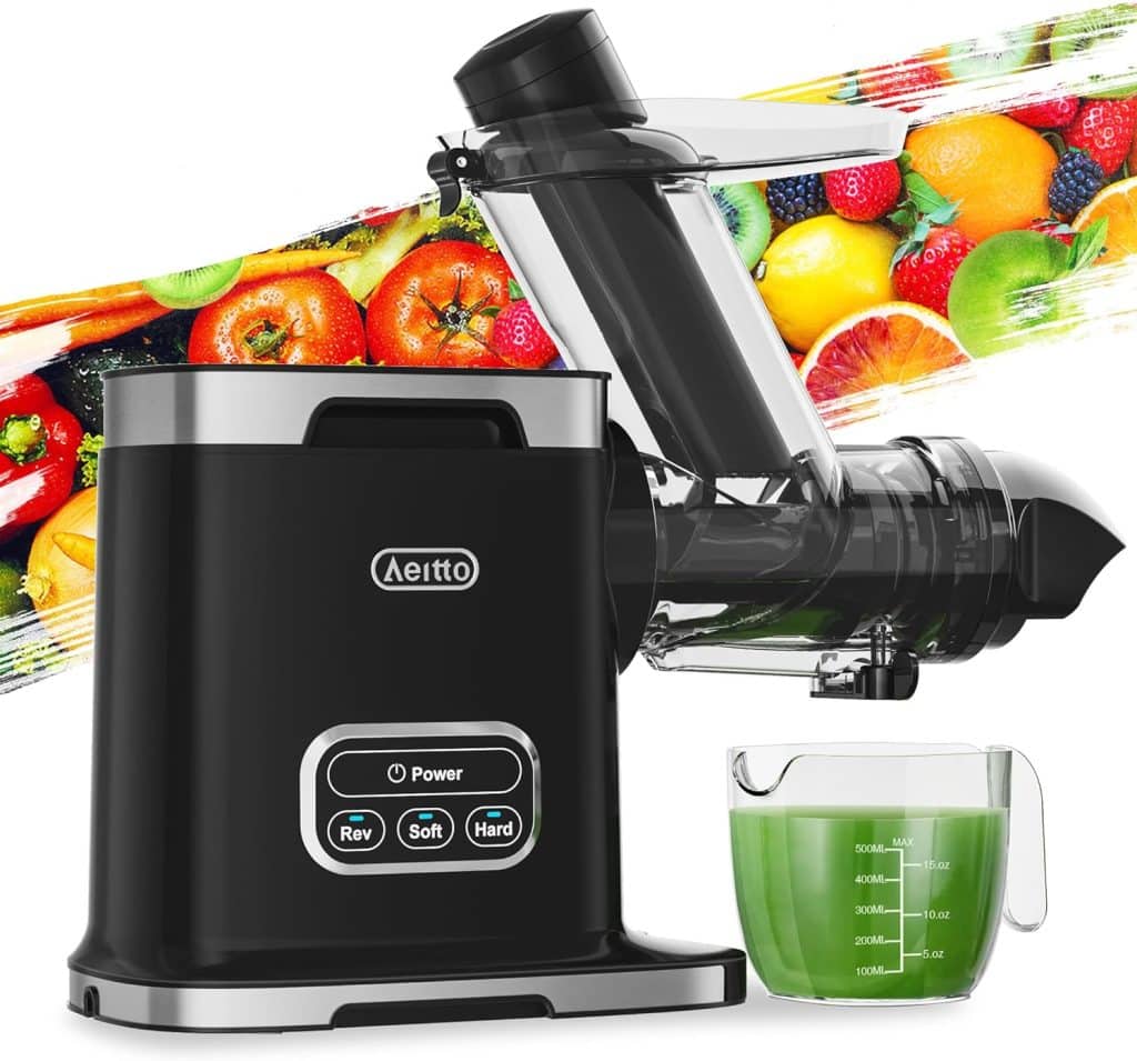 Aeitto Masticating Juicer Machines, 3.6 Inch Wide Chute, Large Capacity, High Juice Yield, 2 Cold Press Juicer Modes, Easy to Clean Slow Juicer for Vegetable and Fruit (Black)