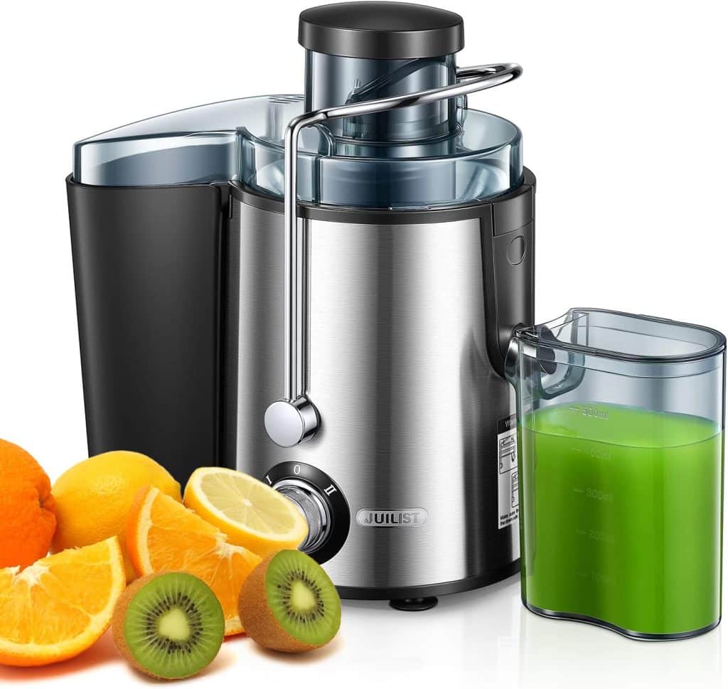Juicer Machines, Juilist New Generation Juicer Machines Vegetable and Fruit Easy to Clean, Compact Centrifugal Juicer Extractor with 3 Wide Mouth and Anti-Drip, Dual Speeds, Recipe  Brush, 400W
