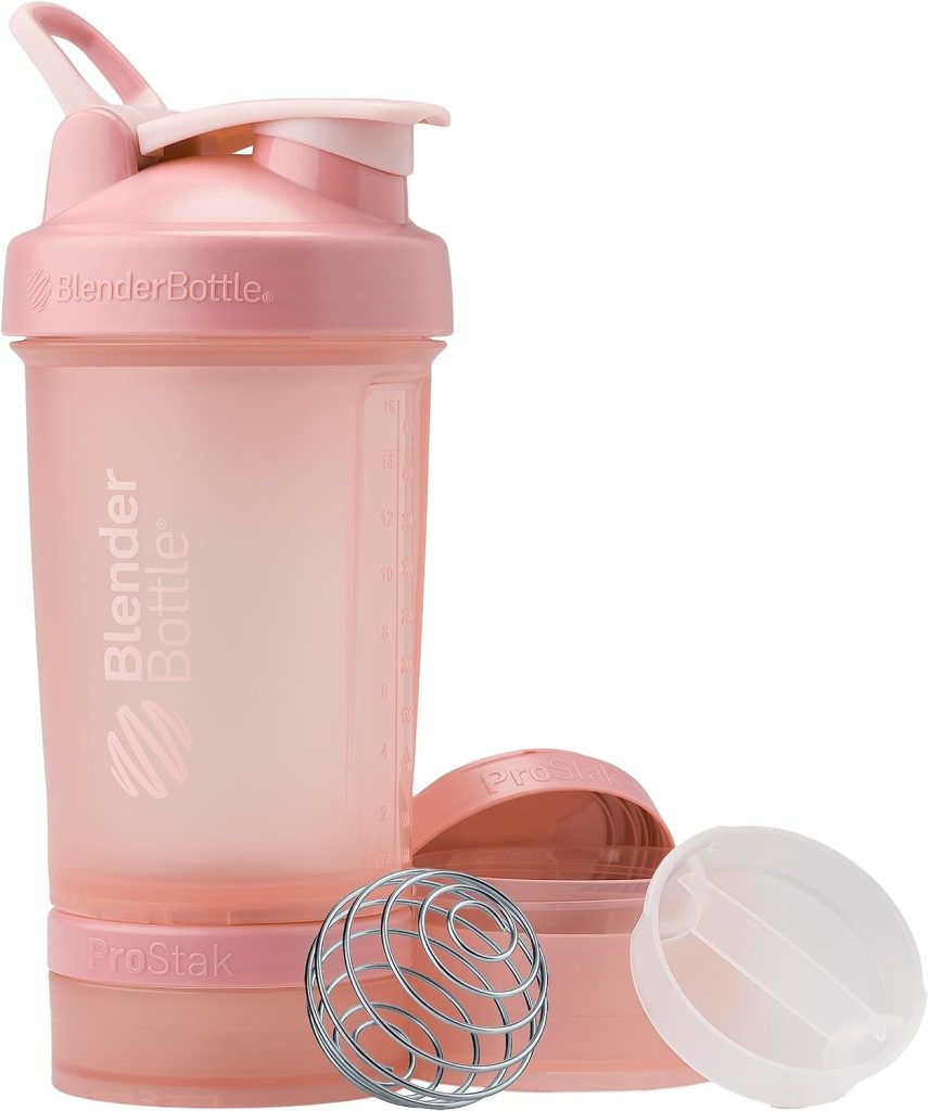 BlenderBottle Shaker Bottle with Pill Organizer and Storage for Protein Powder, ProStak System, 22-Ounce, Rose Pink