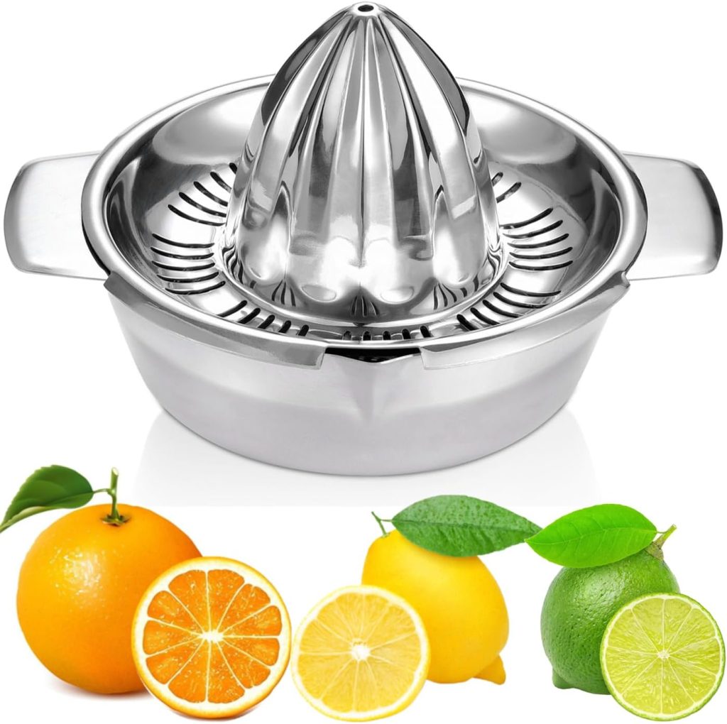Citrus Lemon Orange Grapefuit Juicer Manual Squeezer 304 Stainless Steel Robust Hand Juicer Reamer Rotation Press with Strainer＆12 OZ Bowl, 2 Pour Spouts, Dishwasher Safe, Easy to Clean, Heavy Duty