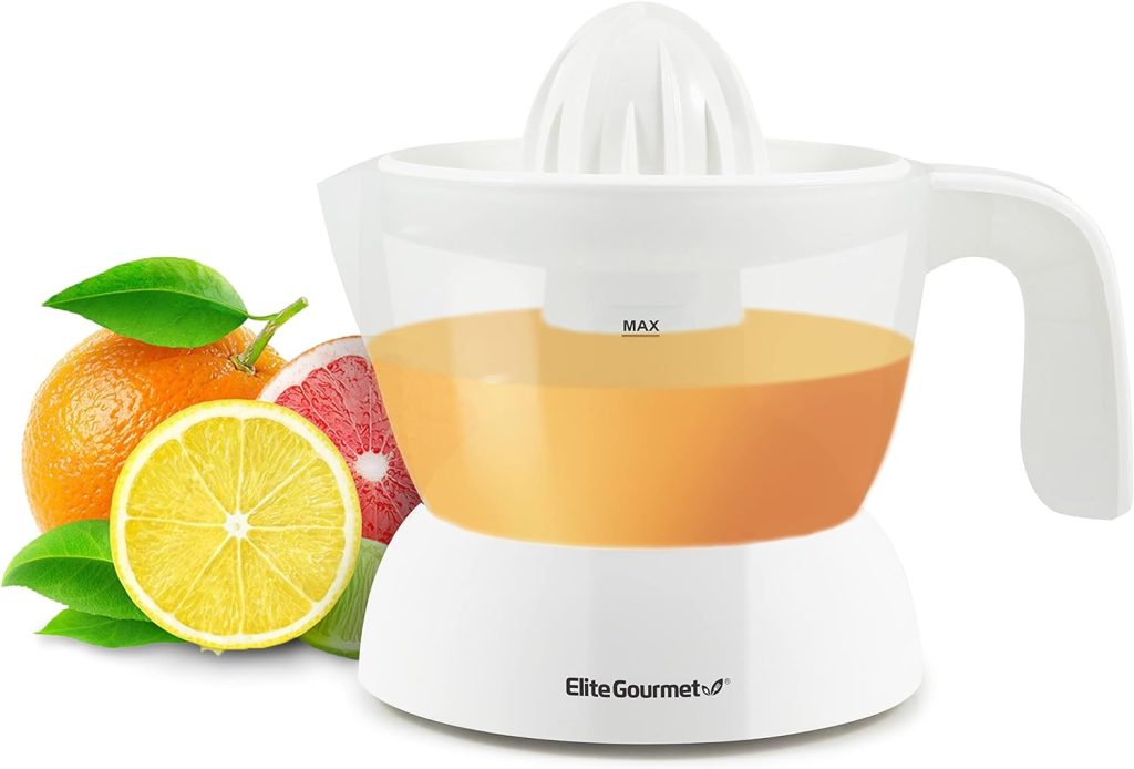 Elite Gourmet ETS-411 BPA-Free Electric Citrus Juicer Extractor: Compact Large Volume Pulp Control Oranges, Lemons, Limes, Grapefruits with Easy Pour Spout, 16 oz, White