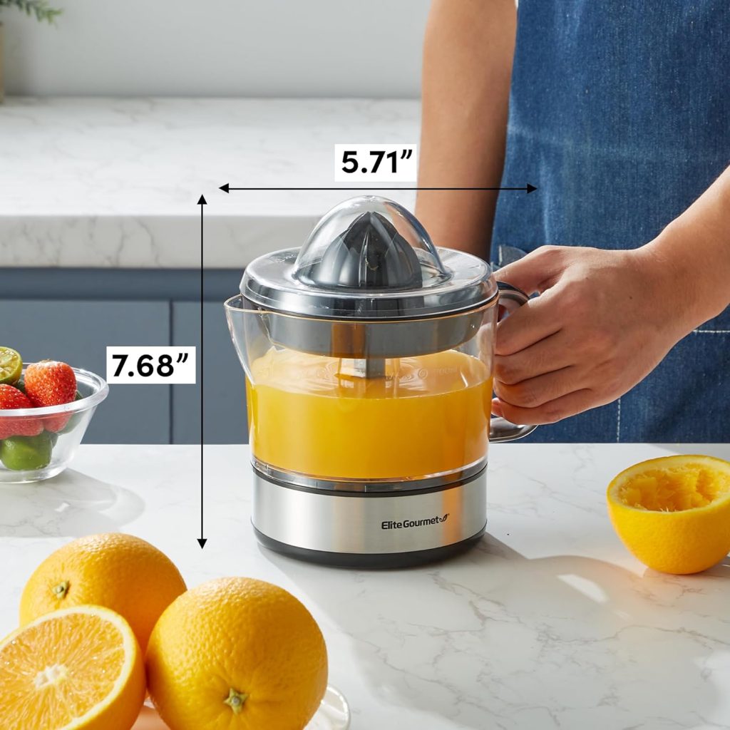 Elite Gourmet ETS-411 BPA-Free Electric Citrus Juicer Extractor: Compact Large Volume Pulp Control Oranges, Lemons, Limes, Grapefruits with Easy Pour Spout, 16 oz, White