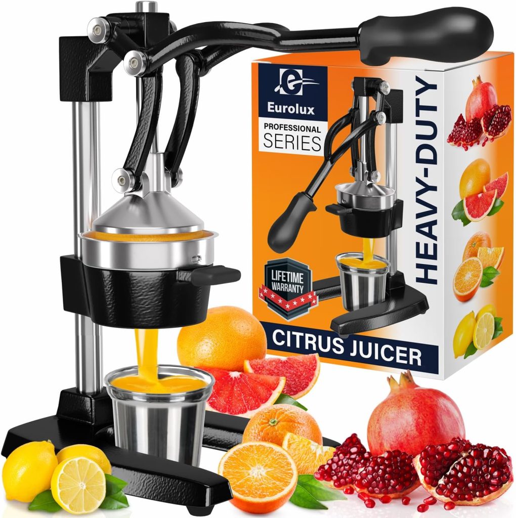 Eurolux Cast Iron Citrus Juicer | Extra-Large Commercial Grade Manual Hand Press | Heavy Duty Countertop Squeezer for Fresh Orange Juice (Bonus Stainless Steel Cup) (Black)