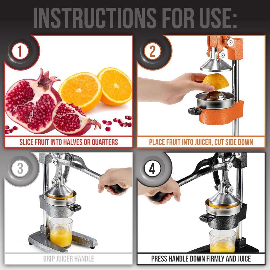 Eurolux Cast Iron Citrus Juicer | Extra-Large Commercial Grade Manual Hand Press | Heavy Duty Countertop Squeezer for Fresh Orange Juice (Bonus Stainless Steel Cup) (Gray)