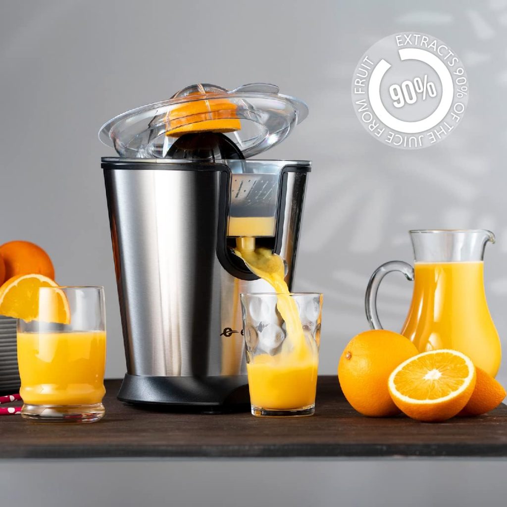 Eurolux Electric Orange Juicer, Sleek Effortless Citrus Juice Squeezer for Lemon, Lime, Grapefruit | Powerful Motor With 2 Cones for all Size Fruits Easy to Clean, Removable Dishwasher-Safe Parts