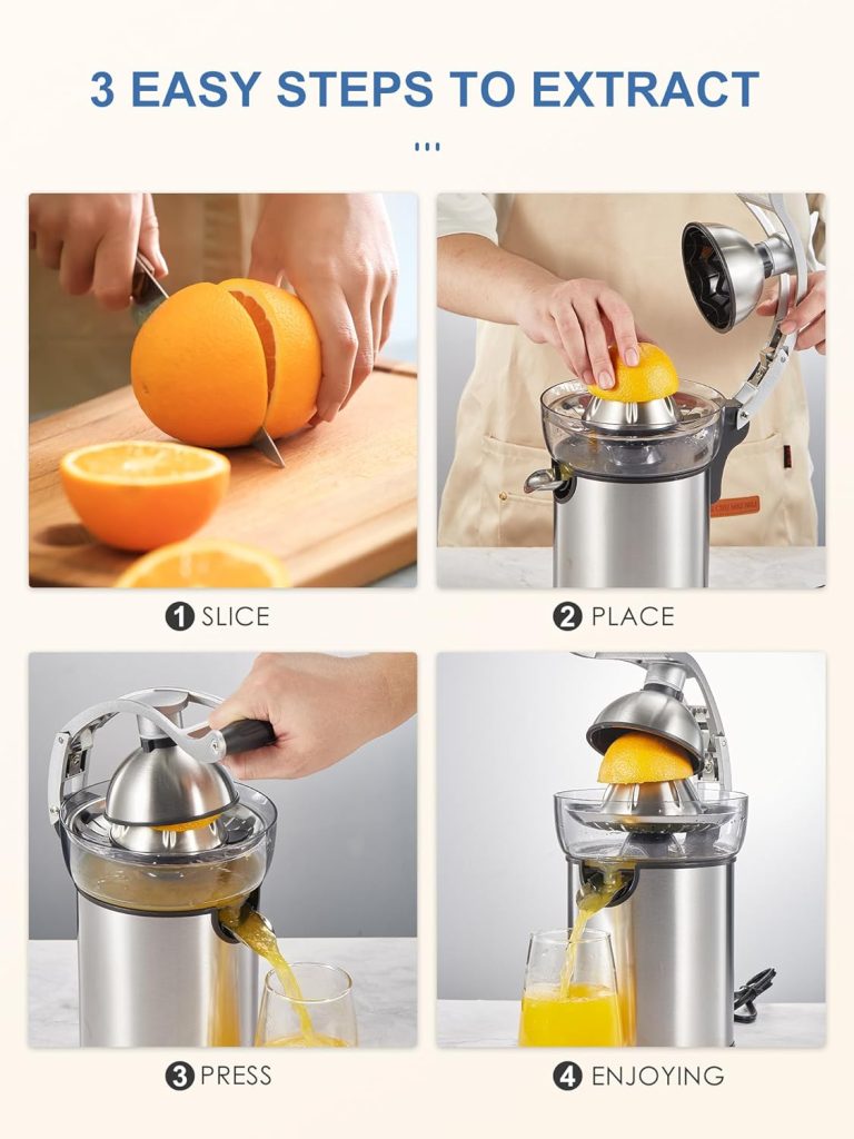 QCen Electric Citrus Juicer Squeezer, Electric Juicer for Orange, Lemon and Limes with Rubber Handle and Two Size Cones, Anti-Drip Spout, Easy to Clean and Use, BPA Free, Black/Stainless Steel