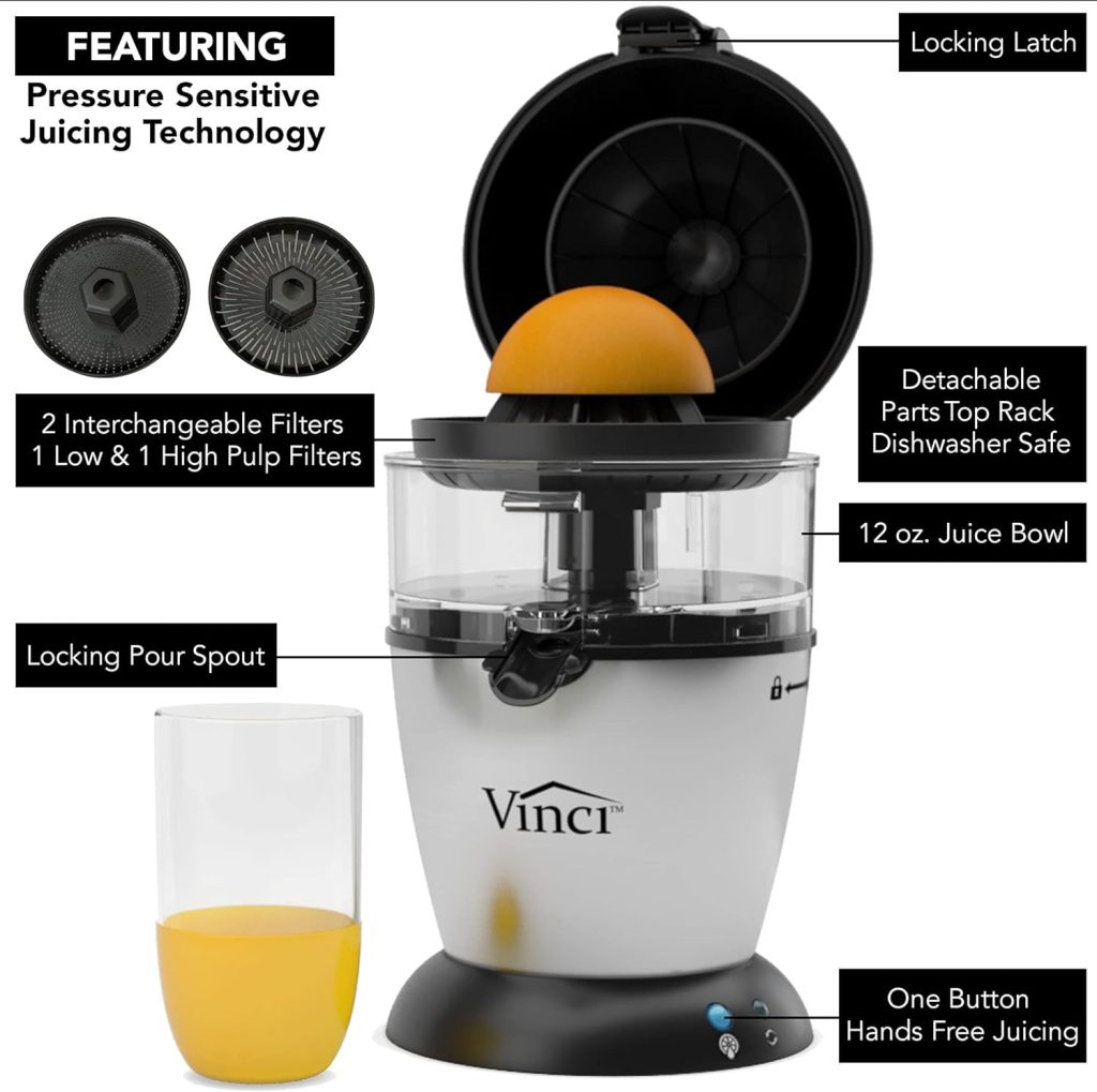 Vinci Hands-Free Patented Electric Citrus Juicer 1-Button Easy Press Lemon Lime Orange Grapefruit Juice Squeezer Easy to Clean Juicer Machine, Black/Stainless Steel