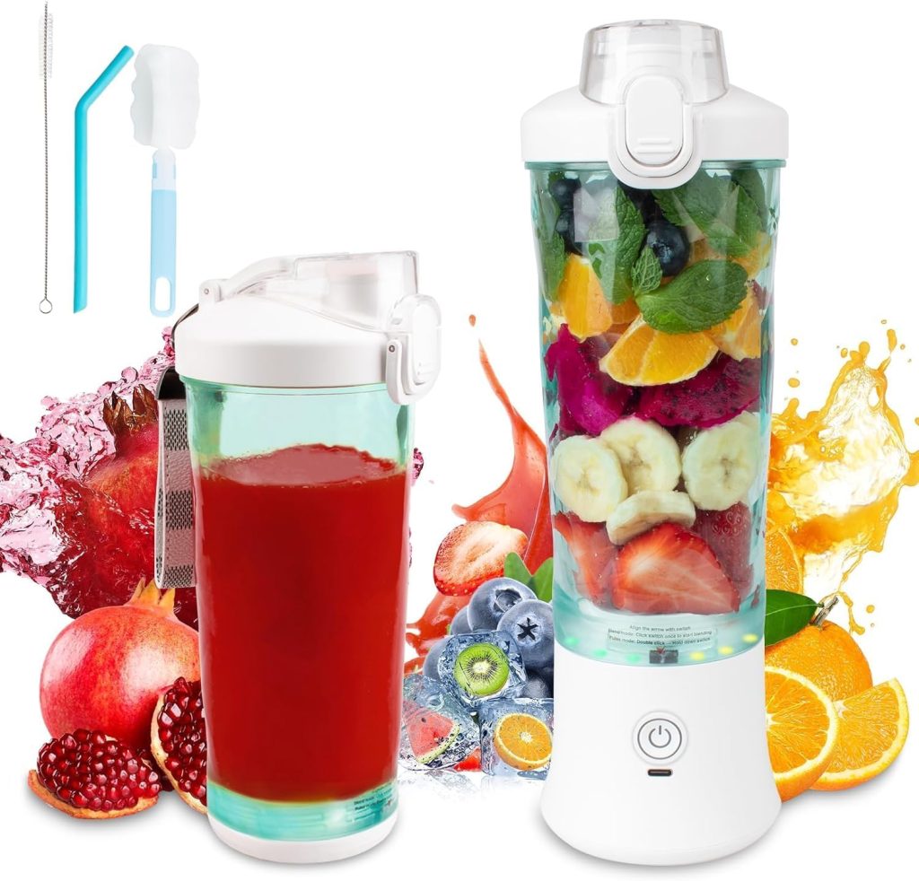 Akjbl Smoothie Blender, Personal Blender for Shakes and Smoothies with 6 Blades, 600ML BPA Free Portable Blender Cup with Lid and Rechargeable USB, Mini Blender for Home, Gym, Travel, Office