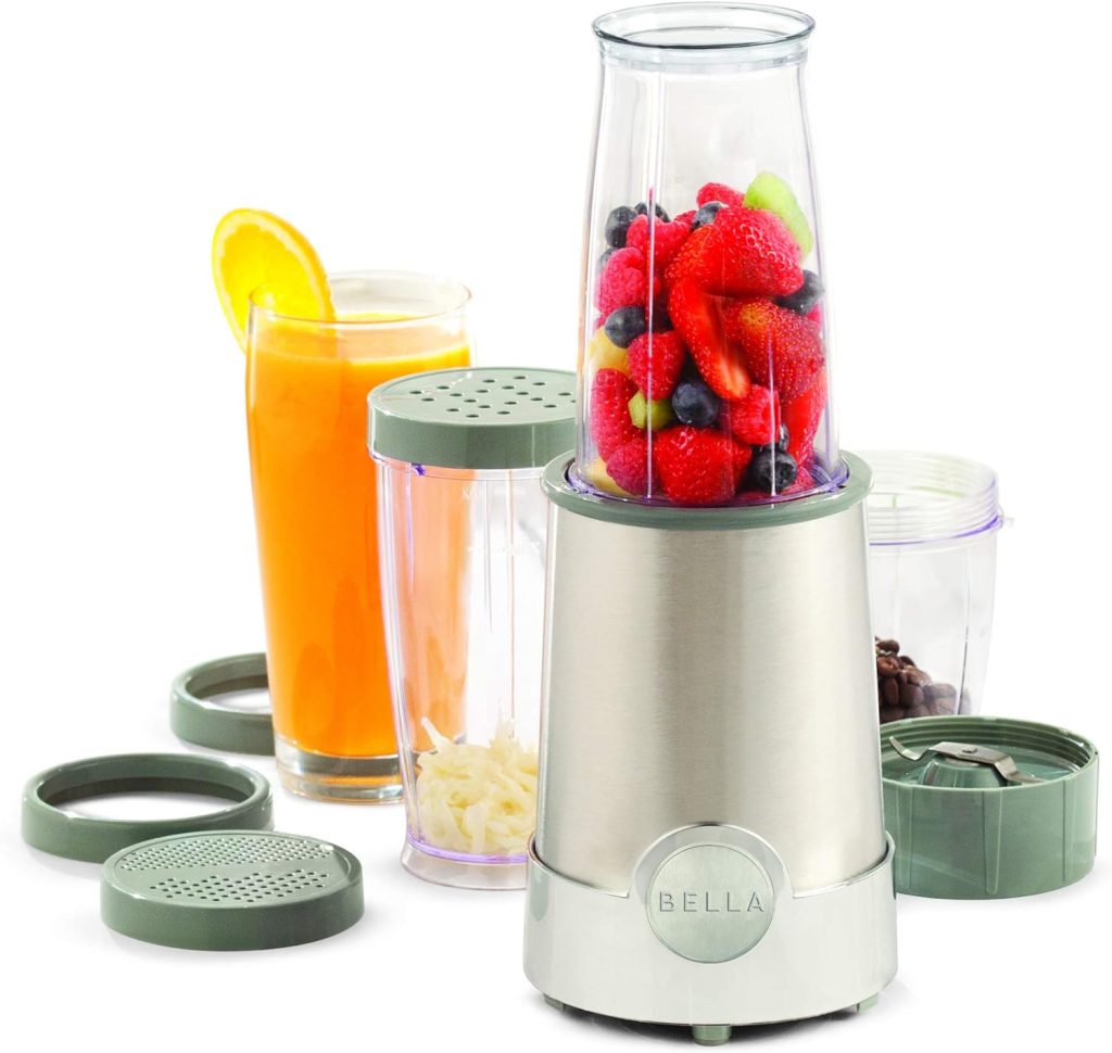 BELLA Personal Size Rocket Blender for Smoothies and Protein Shakes, Portable Juice Maker and Mini Food Processor and Grinder, 12 Piece, BPA Free Accessories, 240 W, Stainless Steel