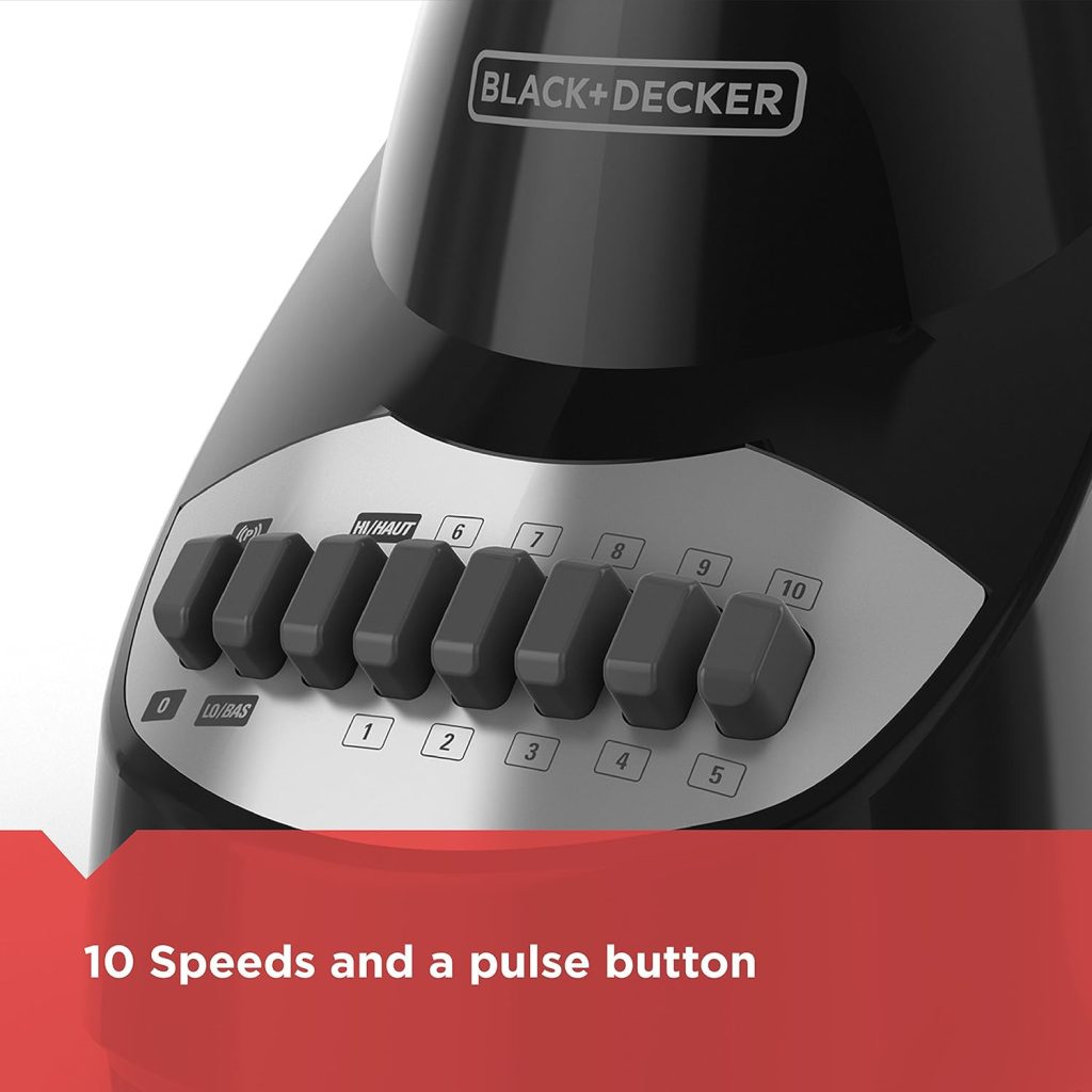 BLACK+DECKER 10-Speed Countertop Blender, BL2010BG, 6-Cup Glass Jar, Dishwasher-Safe, Stainless Steel Blade, Suction Feet