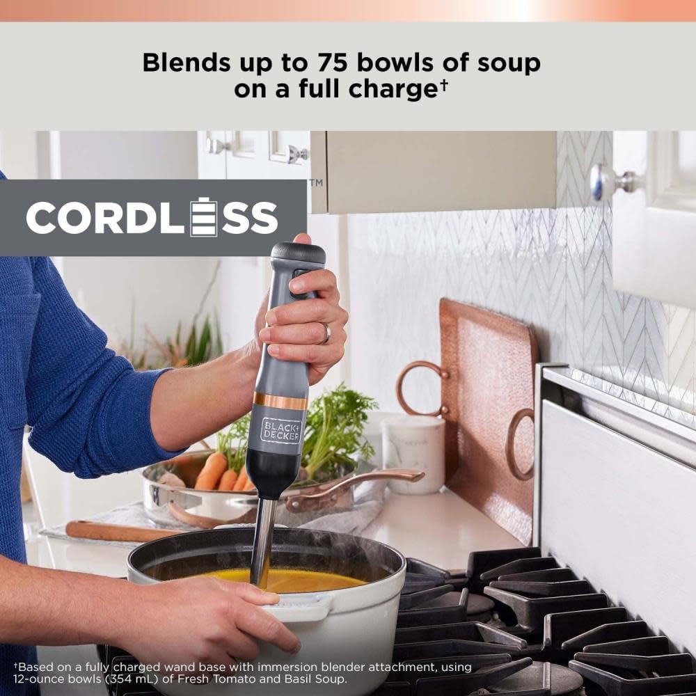 BLACK+DECKER Kitchen Wand Cordless Immersion Blender, 3 in 1 Multi Tool Set, Hand Blender with Charging Dock, Whisk and Milk Frother, Grey (BCKM1013KS01)