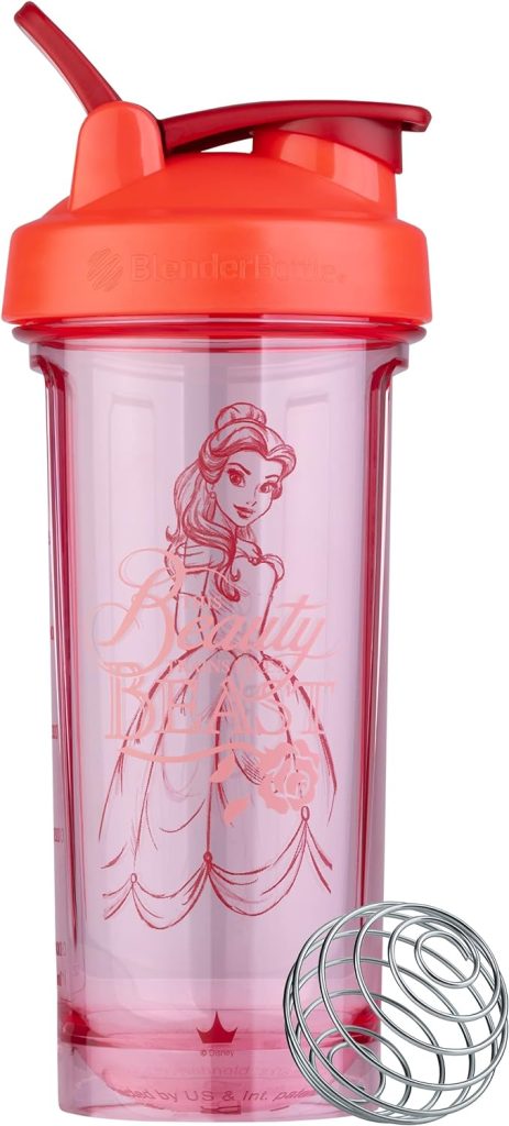 BlenderBottle Disney Princess Shaker Bottle Pro Series, Perfect for Protein Shakes and Pre Workout, 28-Ounce, Belle,Red