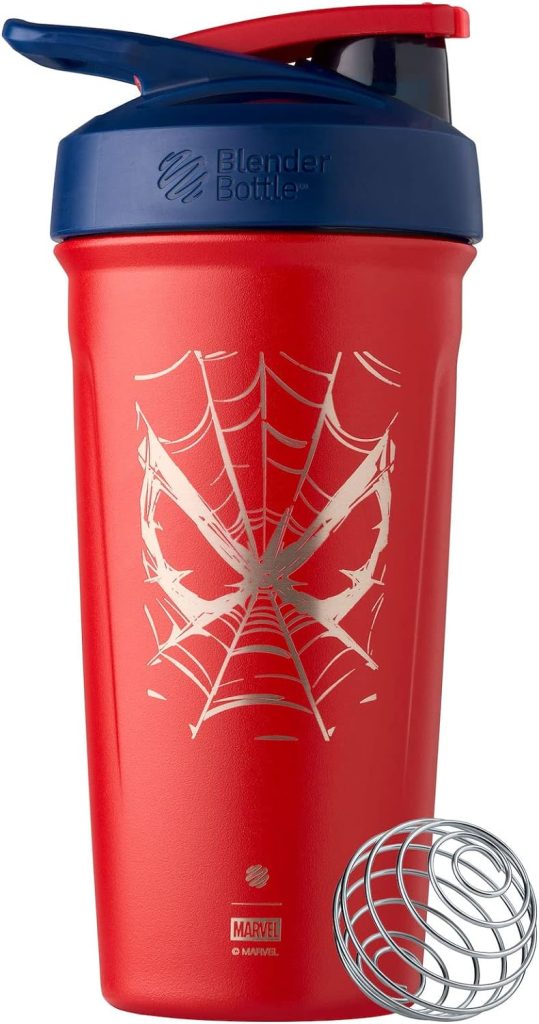 BlenderBottle Marvel Strada Shaker Cup Insulated Stainless Steel Water Bottle with Wire Whisk, 24-Ounce, Iron Man
