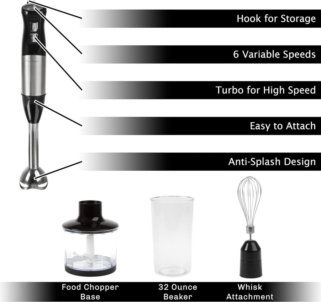 Classic Cuisine Immersion Blender-4-In-1 6 Speed Hand Mixer Set Whisk, Food Processor Cup, 32oz. Beaker, For Soup, Milkshakes, Salsa, Black
