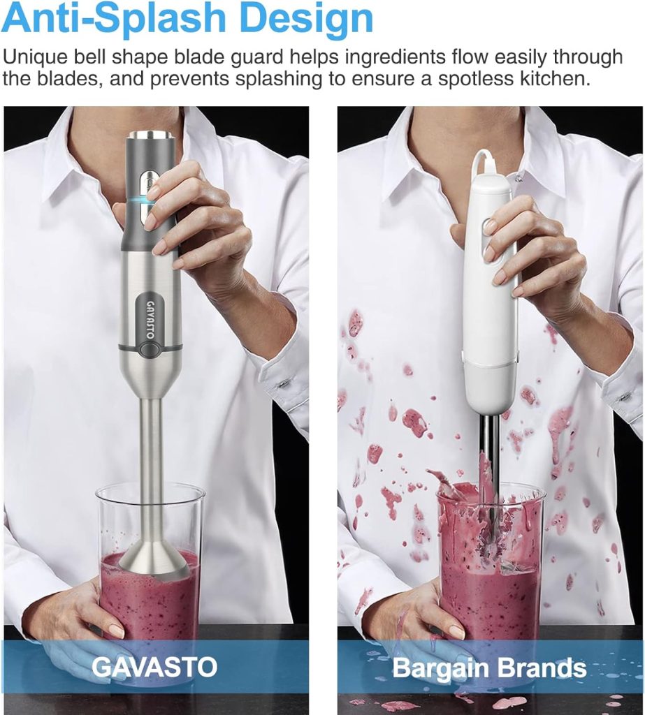 Gavasto Immersion Blender 800 Watts Scratch Resistant Hand Blender,15 Speed and Turbo Mode Hand Mixer, Heavy Duty Copper Motor Stainless Steel Smart Stick with Egg Beaters and Chopper/Food Processor