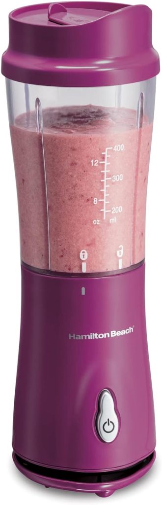 Hamilton Beach Portable Blender for Shakes and Smoothies with 14 Oz BPA Free Travel Cup and Lid, Durable Stainless Steel Blades for Powerful Blending Performance, Raspberry (51131)