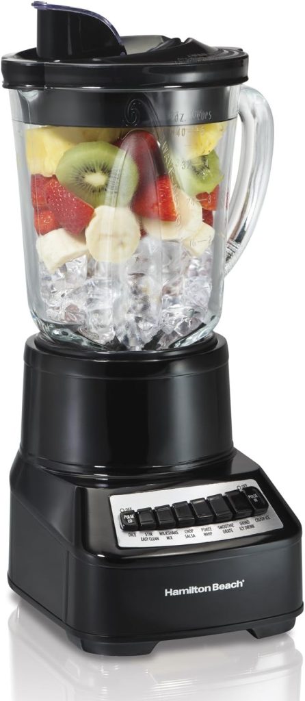 Hamilton Beach Wave Crusher Blender For Shakes and Smoothies With 40 Oz Glass Jar and 14 Functions, Ice Sabre Blades  700 Watts for Consistently Smooth Results, Black  Stainless Steel (54220)