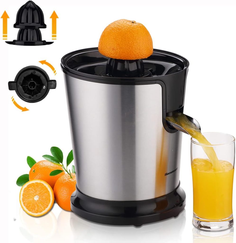 Homeleader Electric Citrus Juicer, Lemon Squeezer with Stainless Steel, Orange Squeezer with Two Cones, Powerful Motor for Grapefruits, Orange and Lemon, Black