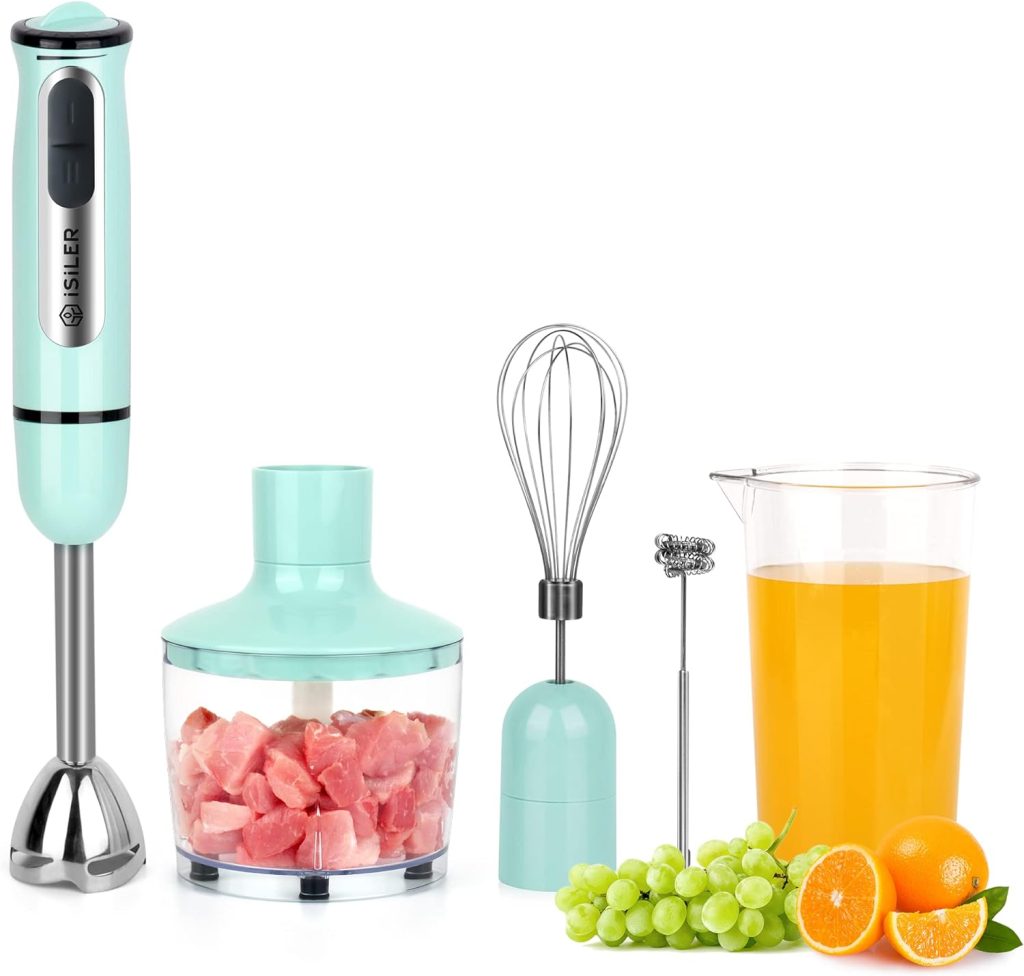 Immersion Hand Blender, ISILER 5-in-1 500-Watt Multi-Purpose Stick Blender with 860ml Food Chopper, 600ml Container, Milk Frother, Egg Whisk, 8-Speed for Puree Infant Food Smoothies Soups