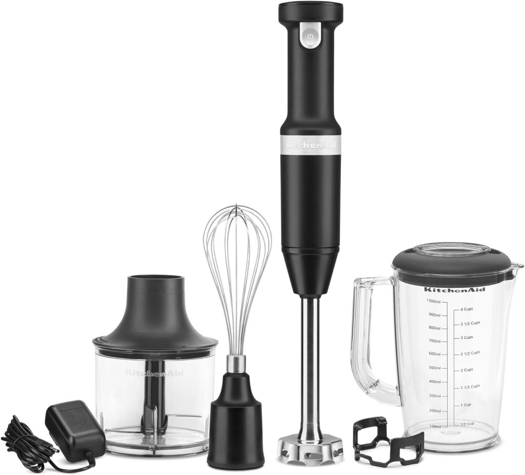 KitchenAid Cordless Variable Speed Hand Blender with Chopper and Whisk Attachment - KHBBV83, Matte Black