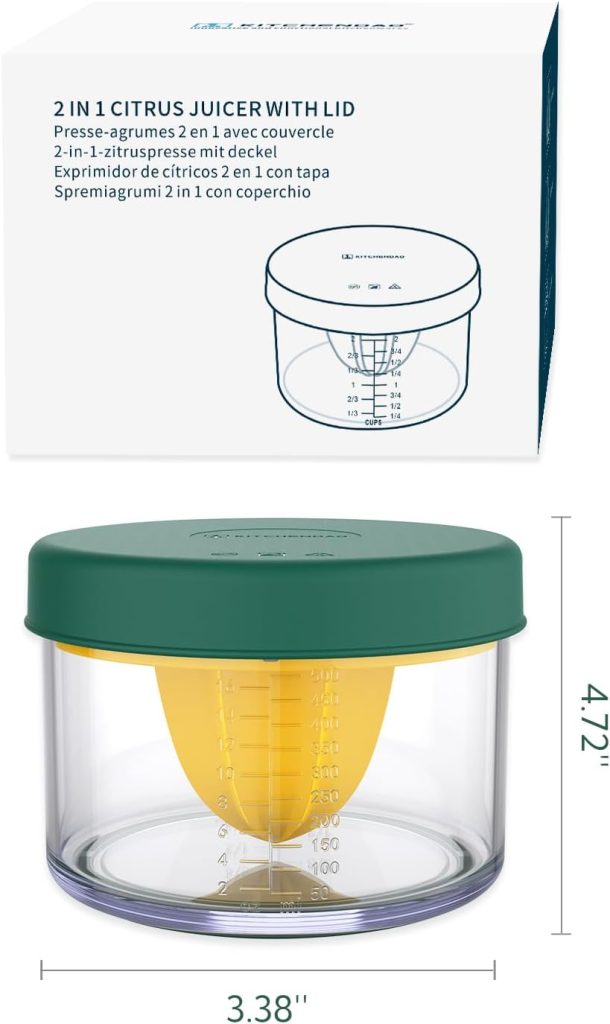 KITCHENDAO 2 in 1 Lemon Orange Citrus Juicer with lid for Sanitary Storage, Manual Hand Squeezer with Built-in 16OZ Measuring Cup, Multi-function Manual Juicer with Reamers and Non-Slip Base, BPA Free