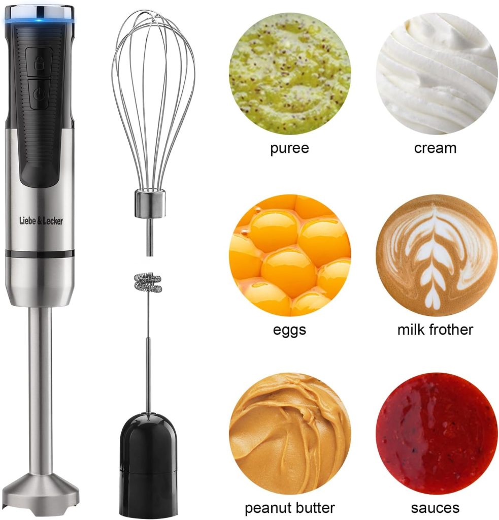 LiebeLecker Cordless Hand Blender, USB Rechargeable Immersion Blender 8 Variable Speeds with Whisk, Milk Frother Attachments, Portable Stick Mixer for Milkshakes, Smoothies  Soups.