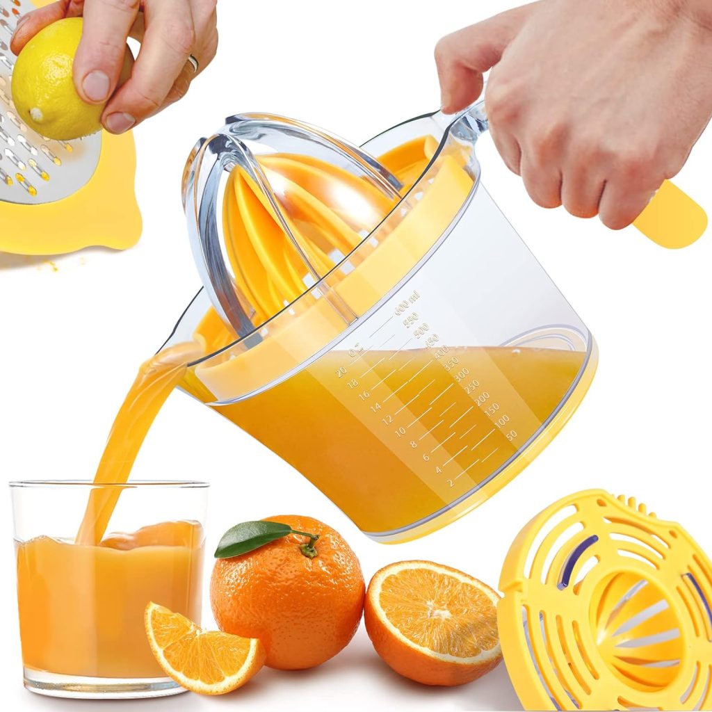 Manual Juicer, ChefVille MJ02 Multifunctional Hand Juicer, Lemon Lime Squeezer with Comfortable Grip Handle, 21-Ounce Capacity Orange Juicer (ORANGE)