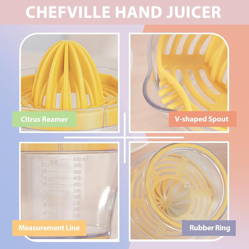Manual Juicer, ChefVille MJ02 Multifunctional Hand Juicer, Lemon Lime Squeezer with Comfortable Grip Handle, 21-Ounce Capacity Orange Juicer (ORANGE)
