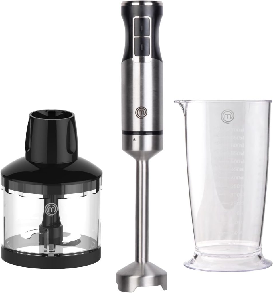 MasterChef Immersion Blender Handheld, Stainless Steel Hand Held Blending Stick Emulsifier with Chopper Attachment and Measuring Jug, Puree Blender for Making Baby Food, Soup, Sauces etc, 400W