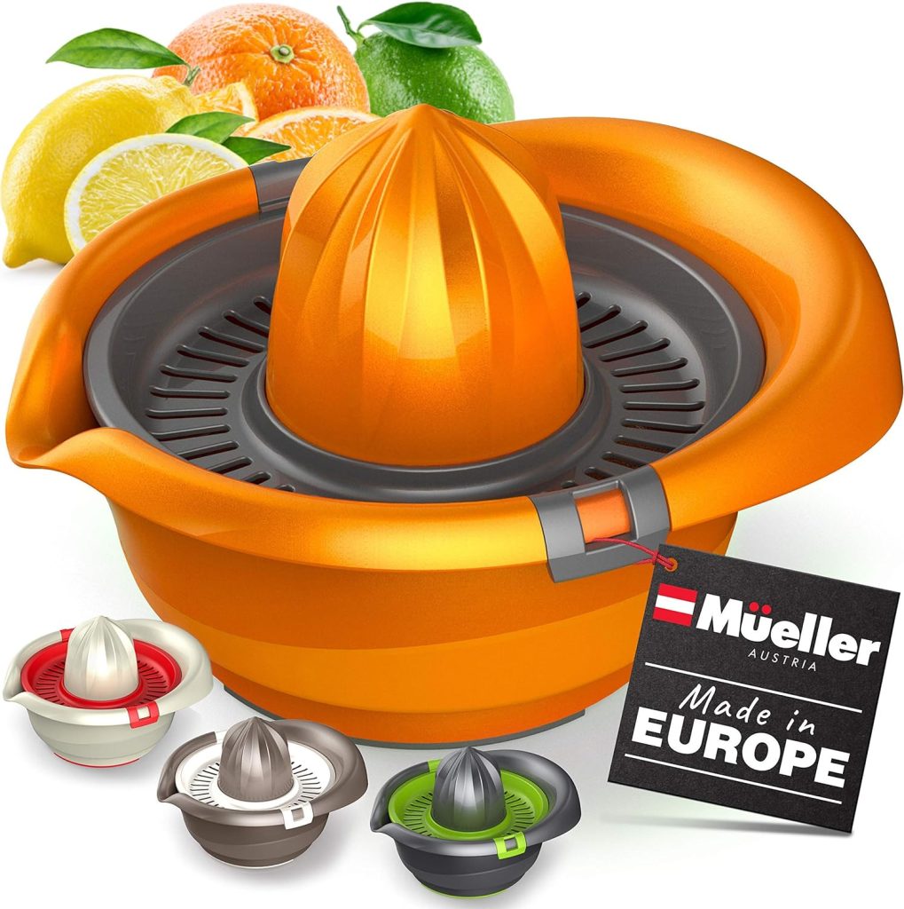 Mueller Citrus Lemon Orange Juicer, Hand Squeezer Rotation Press, Manual Juicer with Easy Pour Spout, European Made, Dishwasher Safe, Orange