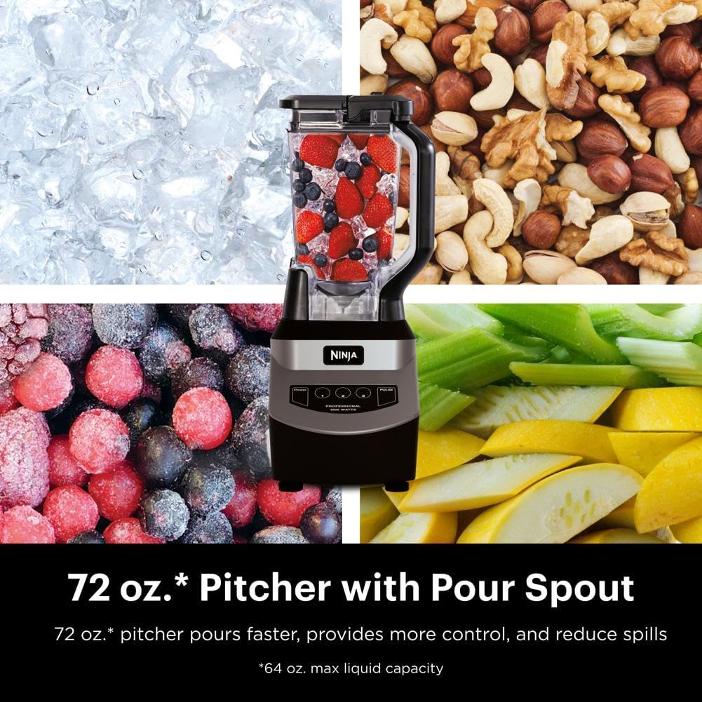 Ninja NJ601AMZ Professional Blender with 1000-Watt Motor  72 oz Dishwasher-Safe Total Crushing Pitcher for Smoothies, Shakes  Frozen Drinks, Black
