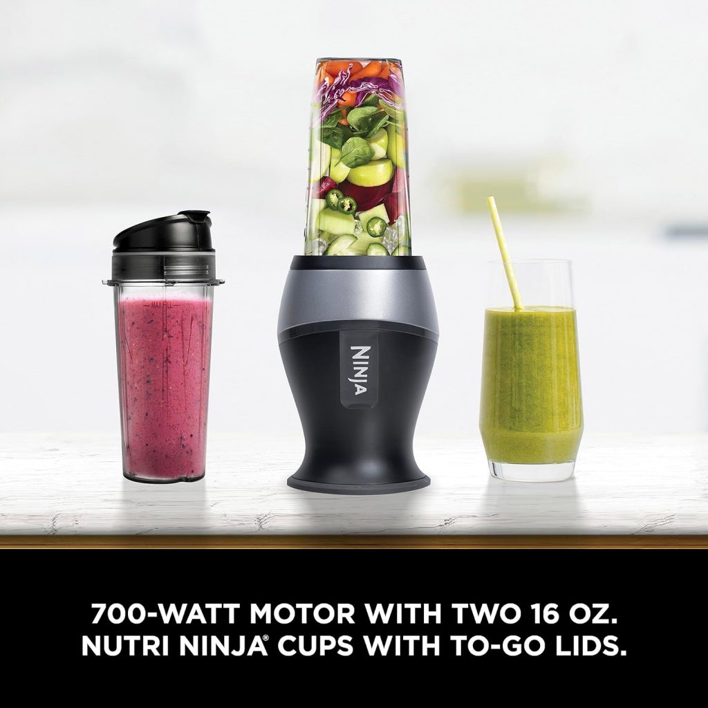 Ninja QB3001SS Ninja Fit Compact Personal Blender, for Shakes, Smoothies, Food Prep, and Frozen Blending, 700-Watt Base and (2) 16-oz. Cups  Spout Lids, Black