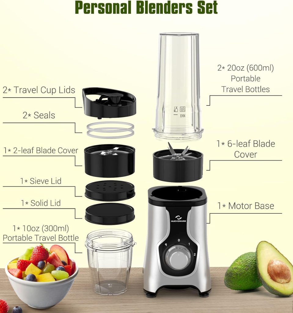 Nuovoware Portable Blender for Shakes and Smoothies, 12 PCS Personal Size Blenders with 6-Edge Blade, 600W Smoothie 2*20oz Bottle, 3 Speeds Juice, Protein Drinks, Silver Gray