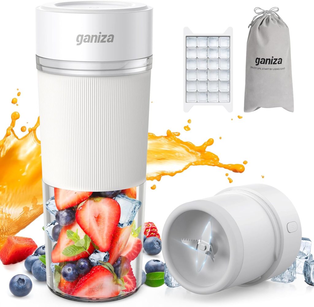 Smoothie Blender, Ganiza Small Blender for Shakes and Smoothies, 3-In-1 Portable Blender with Ice Crusher Blender Blade, 10oz Personal Mini Blender with Storage Bag  Ice Cube Tray, USB-C Rechargeable