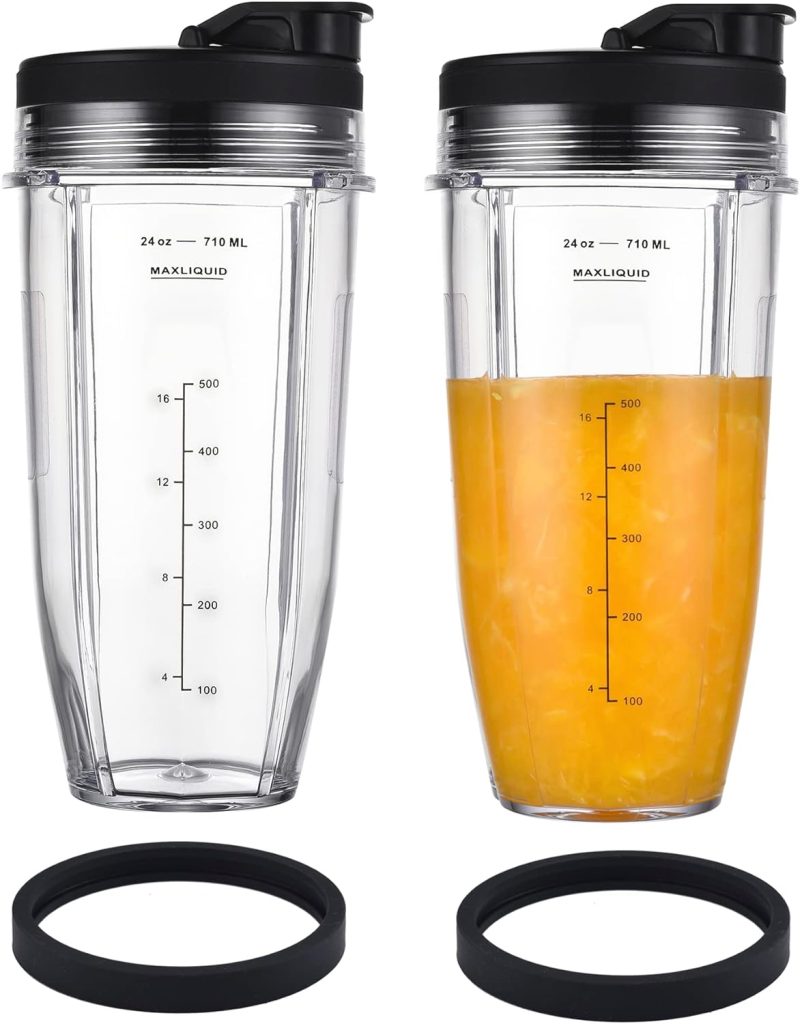 [Upgraded] Replacement 24oz Nutri Ninja Blender Cup with Sip  Seal Lid For BL450 BL454 BL456 BL480 BL482 BL640 BL642 BL682 BN751 BN801 Foodi SS101 SS351 SS401 Ninja Blender Auto IQ Blade, 2 Pack