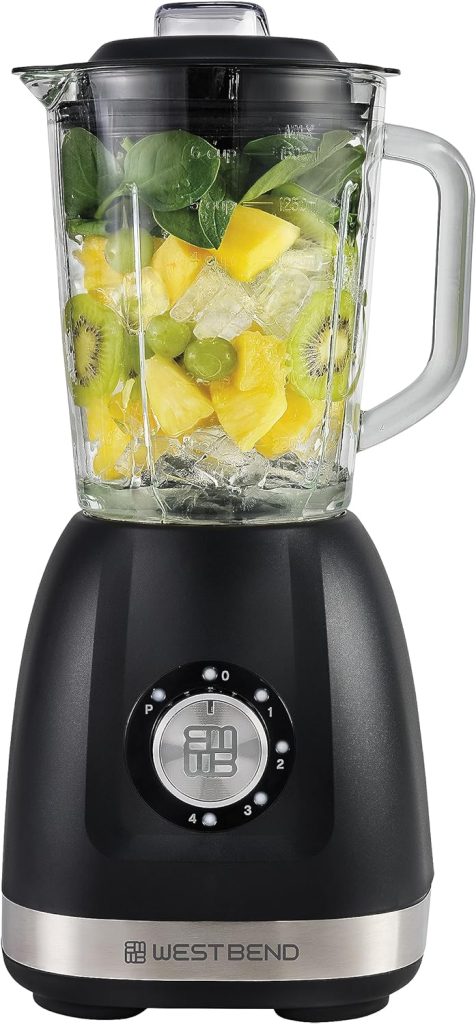 West Bend Blender with 48-Ounce Blending Jar and 20-Ounce Travel Cup, Compact Design with Dial Control, 700-Watts, Black