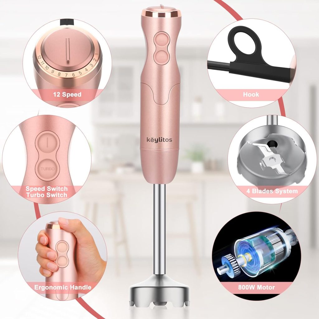Keylitos 5 in1 Immersion Hand Blender, Powerful 12 Speed Handheld Stick Blender with 304 Stainless Steel Blades, Chopper, Beaker, Whisk and Milk Frother for Smoothie, Baby Food, Sauces Red,Puree, Soup