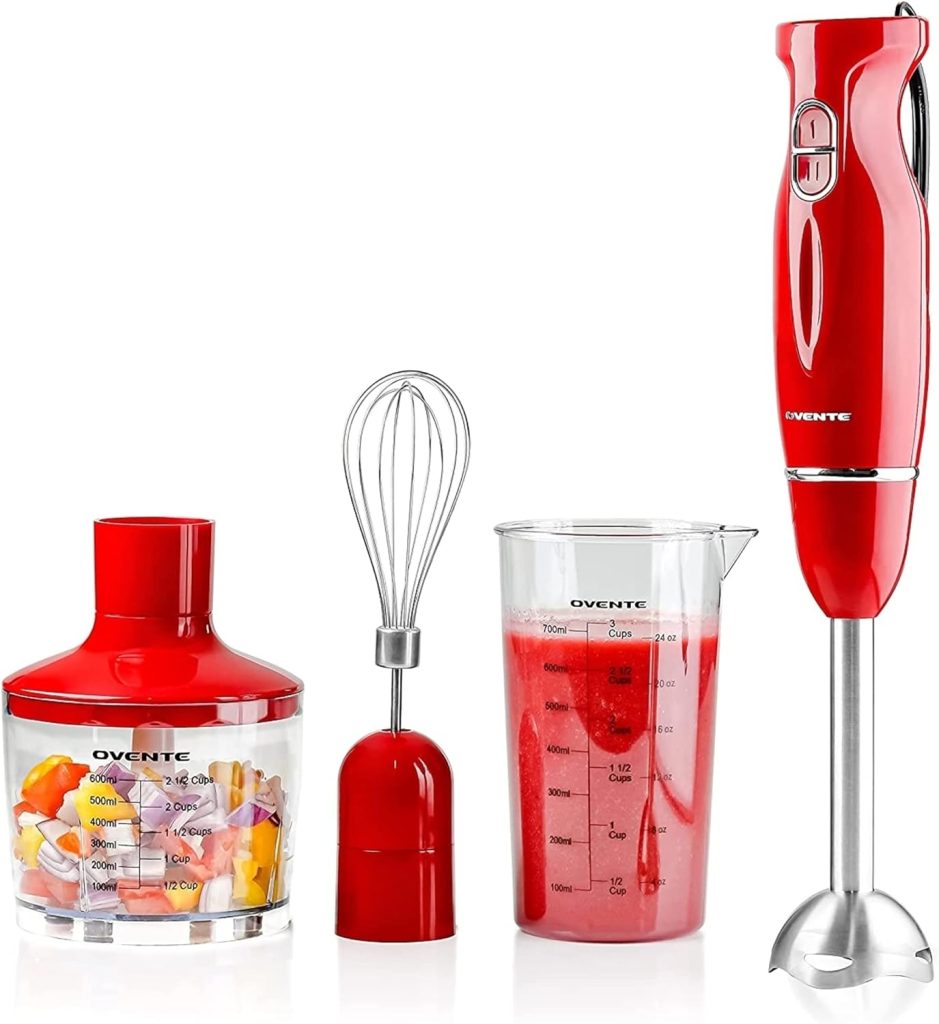 OVENTE Immersion Electric Hand Blender 300 Watt Power 2 Mix Speed with Stainless Steel Blades, Handheld Stick Mixer Set with Egg Whisk Attachment Mixing Beaker and BPA-Free Food Chopper, Red HS565R