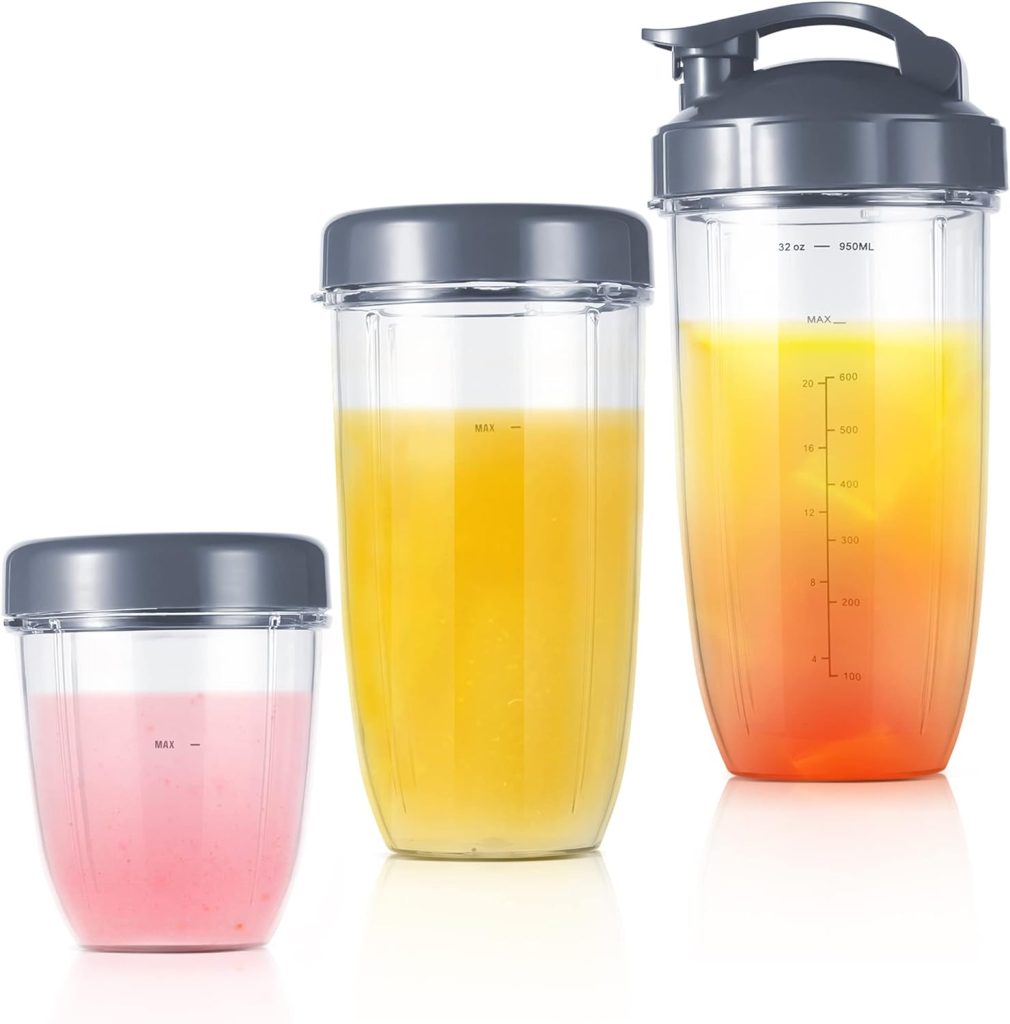 Replacement Cups Kit 18oz Short Cup 24oz Tall Cup 32oz Colossal Cup with Flip-Top To-Go Lid and Stay-Fresh Resealable Lid Compatible with NutriBullet 600w and Pro 900w Blenders