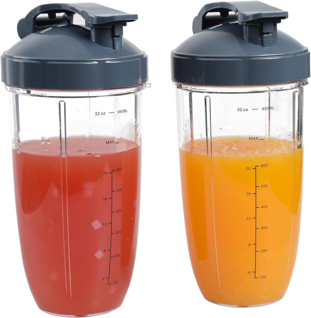 32oz Replacement Blender Cups with Flip-Top To-Go-Lid Compatible with Nutribullet 600W 900W Blenders, 2 Pack Blender Cups with Lids Replacement Parts 500 600 900 Watt Series Blender Accessory