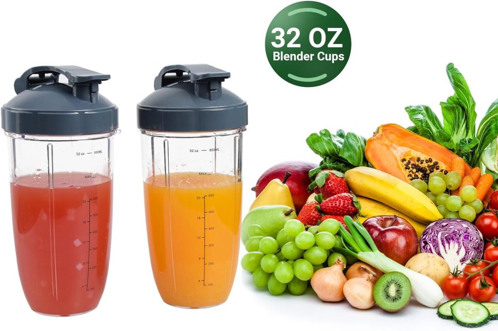 32oz Replacement Blender Cups with Flip-Top To-Go-Lid Compatible with Nutribullet 600W 900W Blenders, 2 Pack Blender Cups with Lids Replacement Parts 500 600 900 Watt Series Blender Accessory