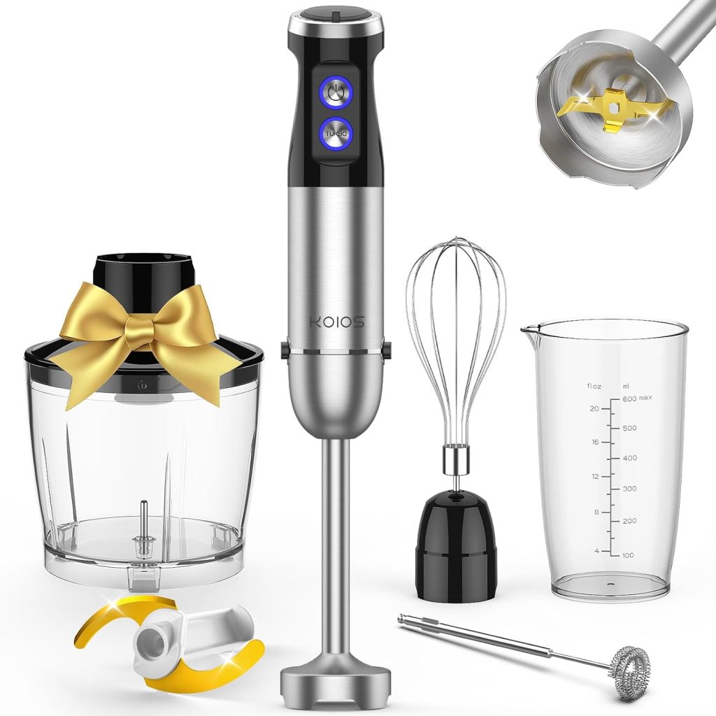 KOIOS 1000W Immersion Hand Blender, Upgrated 5-in-1 Handheld Blender, Full Copper Motor, Titanium Enhanced Blender Shaft, 12-Speeds, 600ml Mixing Beaker, 500ml Chopper, Whisk  Milk Frother