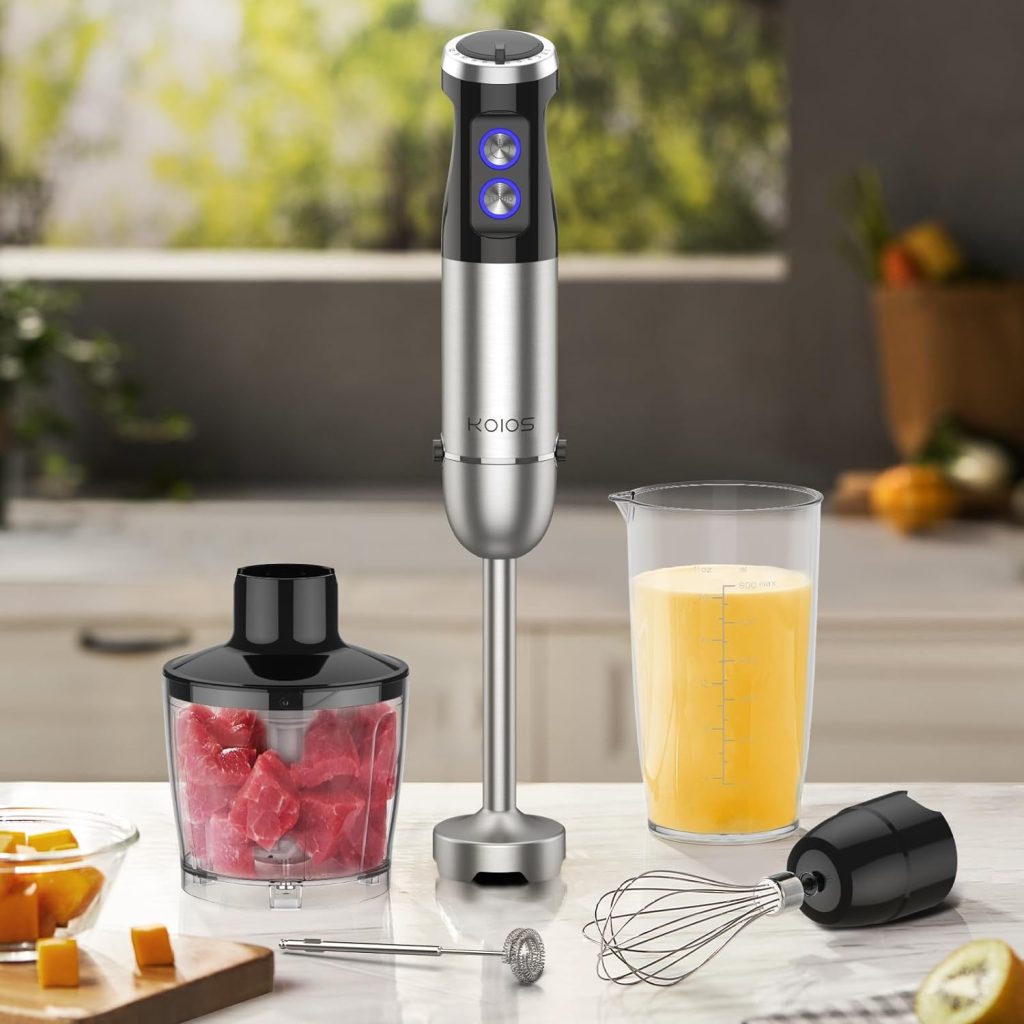 KOIOS 1000W Immersion Hand Blender, Upgrated 5-in-1 Handheld Blender, Full Copper Motor, Titanium Enhanced Blender Shaft, 12-Speeds, 600ml Mixing Beaker, 500ml Chopper, Whisk  Milk Frother