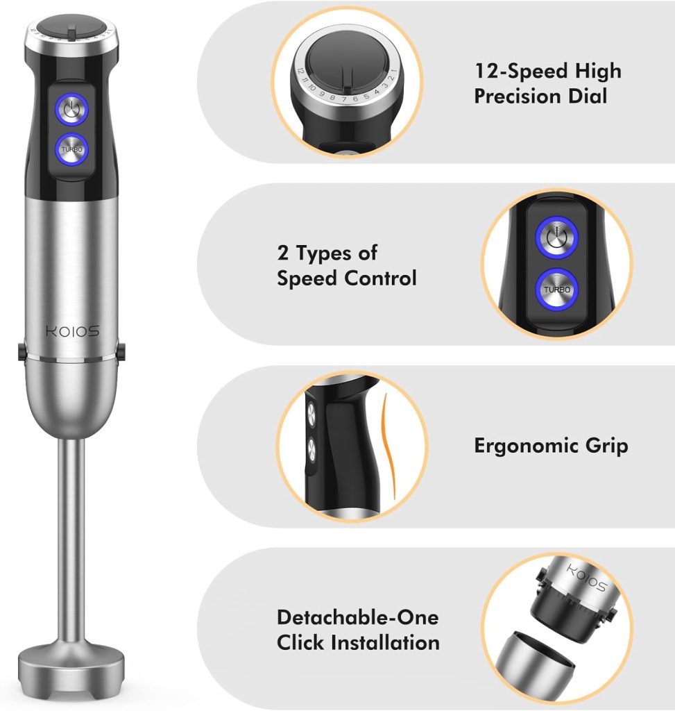 KOIOS 1000W Immersion Hand Blender, Upgrated 5-in-1 Handheld Blender, Full Copper Motor, Titanium Enhanced Blender Shaft, 12-Speeds, 600ml Mixing Beaker, 500ml Chopper, Whisk  Milk Frother