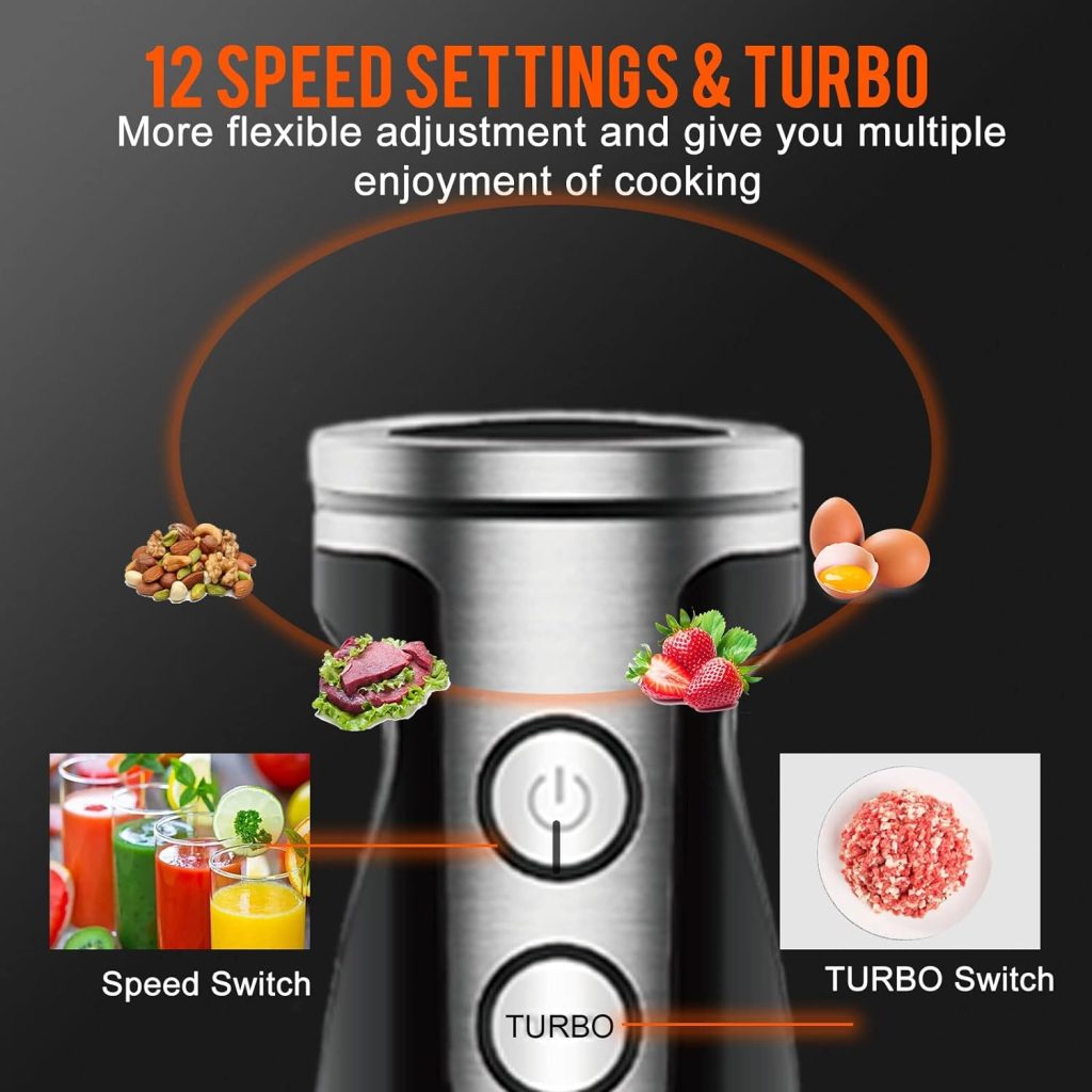 MegaWise Stainless Steel Titanium Reinforced 3-in-1 Immersion Hand Blender, Powerful with 80% Sharper Blades, 12-Speed Corded Blender, Including Whisk and Milk Frother (3-in 1 Black)
