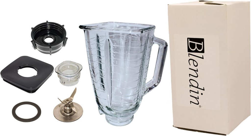 Blendin Complete 6-Piece 48 Ounce Replacement Round Glass Jar Cup Assembly Set With a Jar Base Cap, Blade, Gasket, Round Lid, Center Fill - Compatible with Standard Oster  Osterizer Blenders