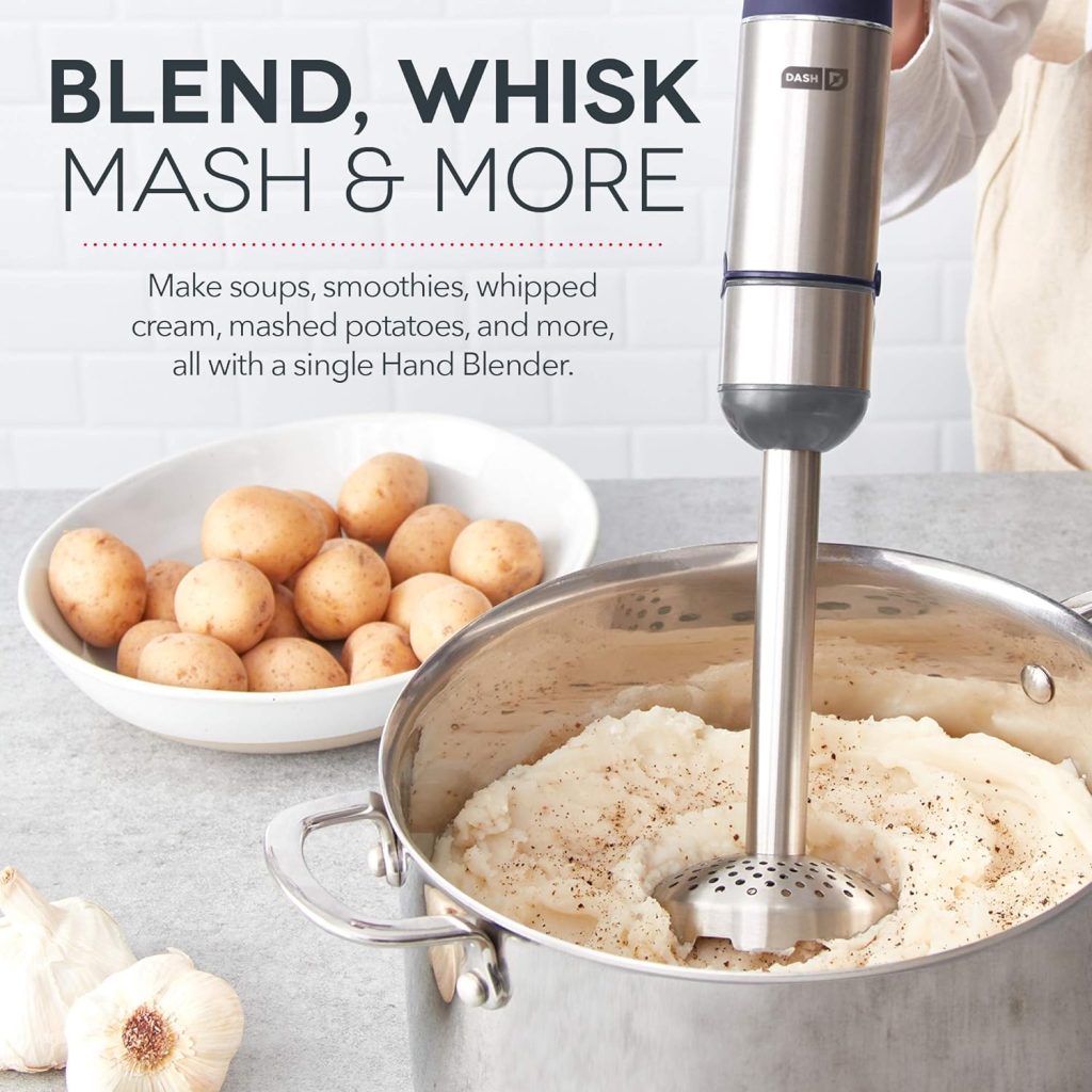 Dash Chef Series Deluxe Immersion Hand Blender, 5 Speed Stick Blender with Stainless Steel Blades, Dough Hooks, Food Processor, Grate, Mash, Slice, Whisk Attachments and Recipe Guide – Cool Grey