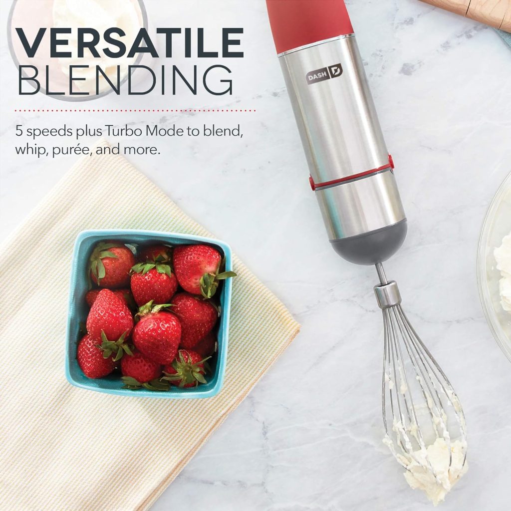 Dash Chef Series Deluxe Immersion Hand Blender, 5 Speed Stick Blender with Stainless Steel Blades, Dough Hooks, Food Processor, Grate, Mash, Slice, Whisk Attachments and Recipe Guide – Cool Grey