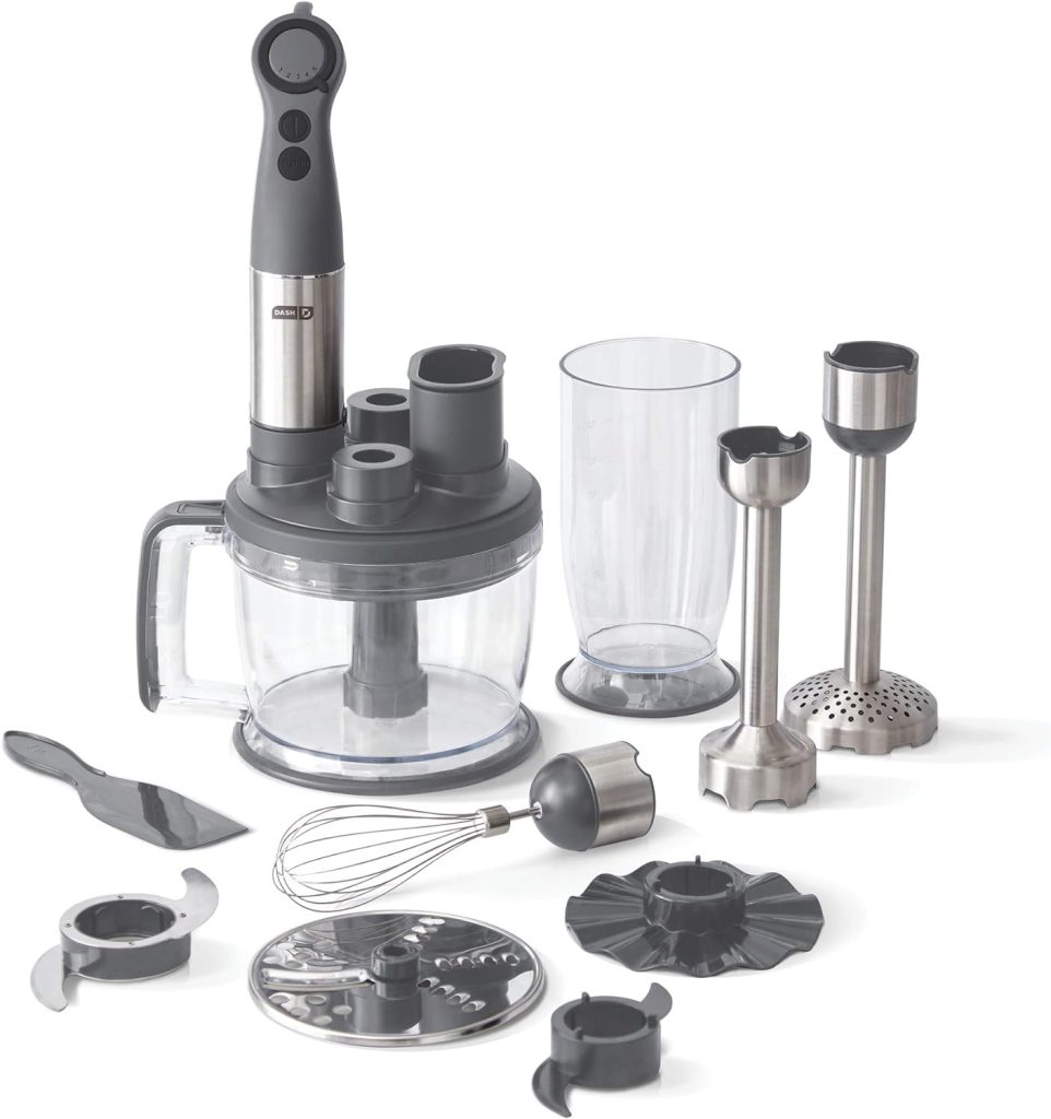 Dash Chef Series Deluxe Immersion Hand Blender, 5 Speed Stick Blender with Stainless Steel Blades, Dough Hooks, Food Processor, Grate, Mash, Slice, Whisk Attachments and Recipe Guide – Cool Grey